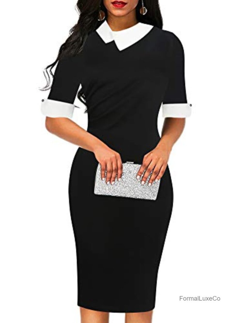 Women's Retro Bodycon Knee-Length Work Dress with Peter Pan Collar